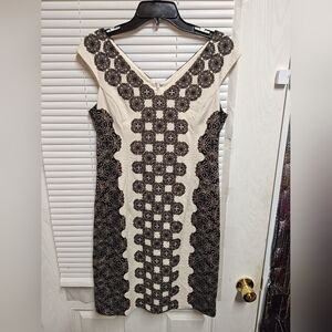 Maggy London dress Beige w/ Brown & Black Arabesques